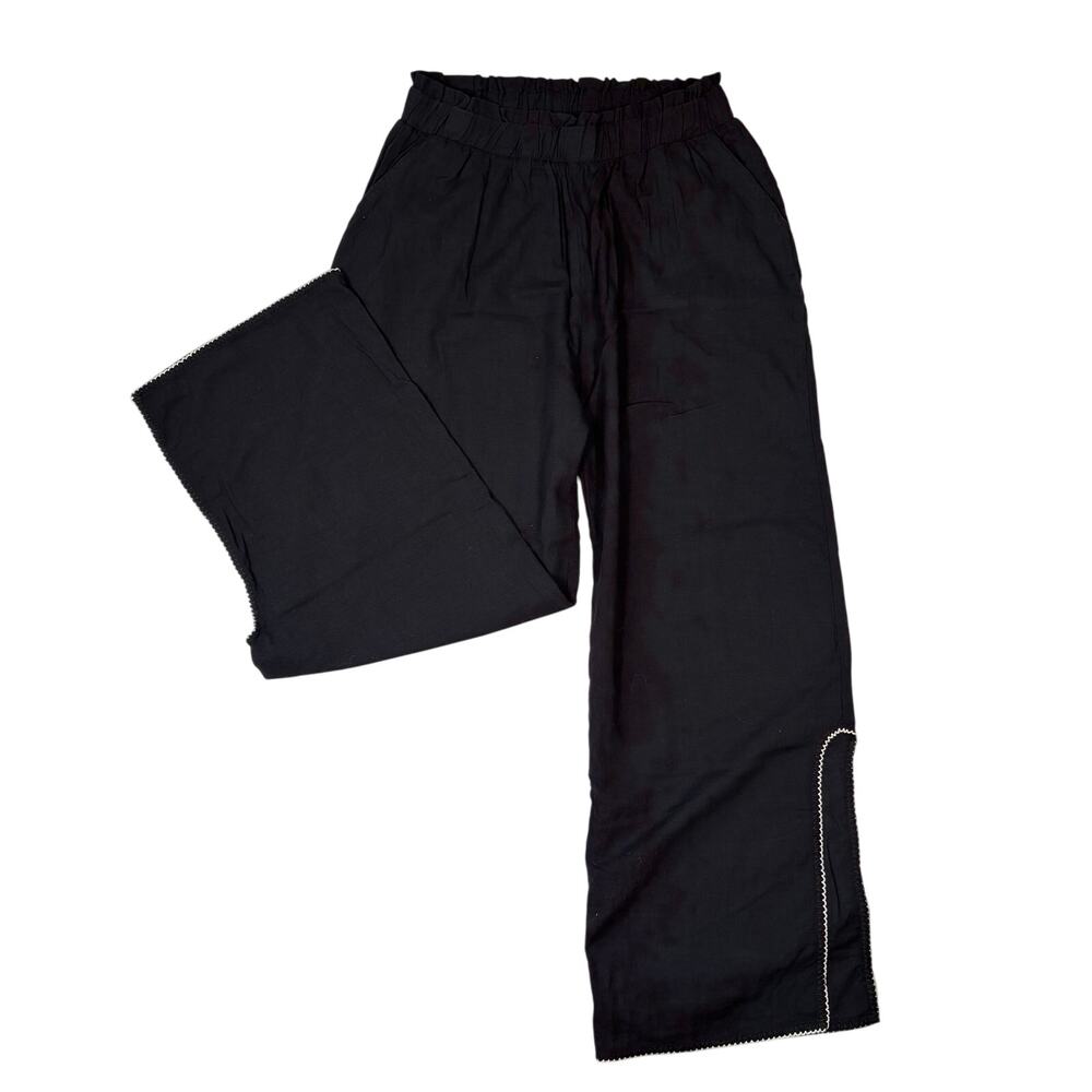 Topmark Black Cotton Blend Wide Leg Pants Side Slit Embroidered XL Resortwear